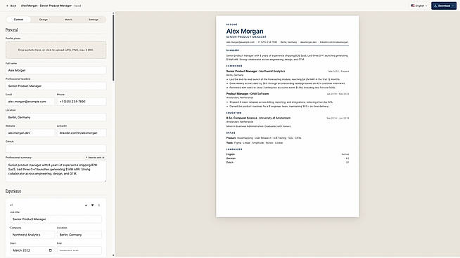 Split-view editor with live PDF preview updating in real time