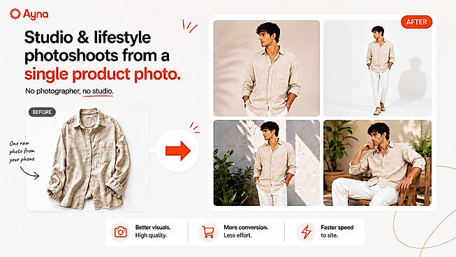 Turn a single flat-lay or mannequin photo into studio and lifestyle photoshoots, no shoot day required