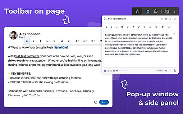Toolbar on page + pop-up window & side panel