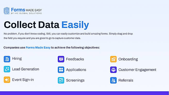 Forms Made Easy as a no-code platform for collecting and managing customer data through customizable Salesforce forms for hiring, onboarding, lead generation, feedback, and more.