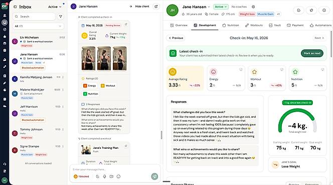 Unified inbox and client profile with check-ins, progress photos, ratings and co