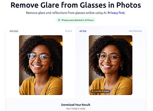 One more example of 'before-after' images with and without glasses glare removed