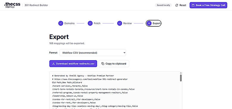 Webflow 301 Redirection File