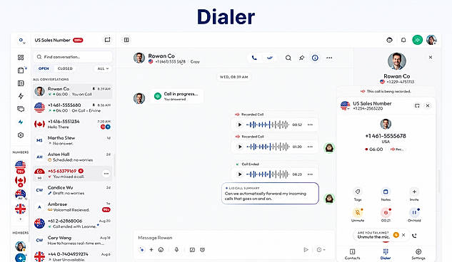 A smart business dialer interface designed for efficient inbound and outbound calling, featuring real-time call management, AI call summaries, call recording, contact management, messaging, and live call controls. The intuitive VoIP dialer helps sales and support teams improve productivity, streamline customer communication, and manage conversations from a single dashboard.