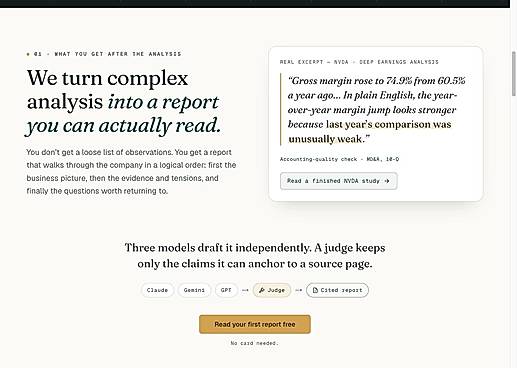 Report view — company research report with cited excerpts