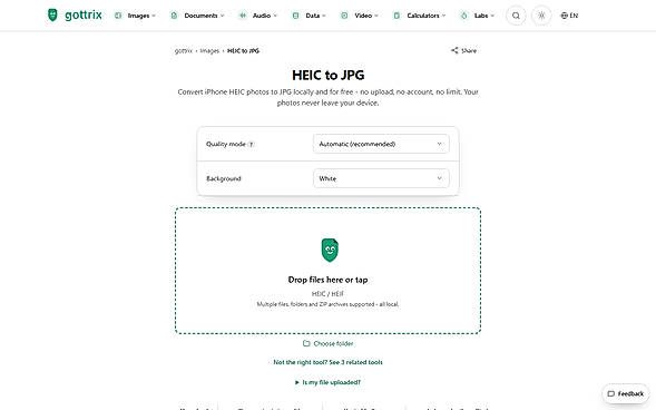 HEIC to JPG conversion - format-specific options and drop zone
