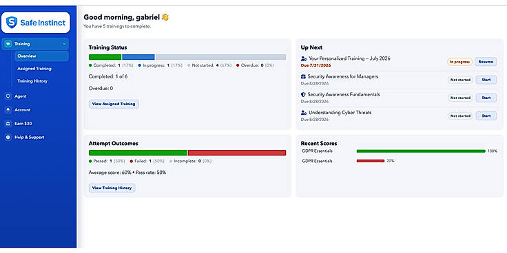 What an employee sees: what's assigned, what's due next, and how they scored. No training portal to learn, just start and finish.