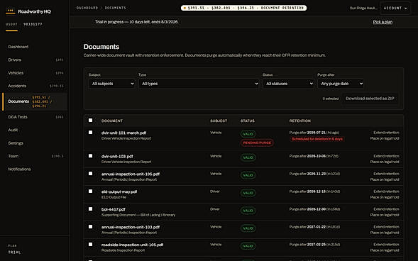 Document vault — every file carries a retention clock computed from its CFR window, with legal hold and two-step purge. Demo fleet data.
