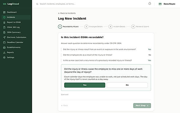 The recordability wizard walks 29 CFR 1904 in plain English — no regulation lookup required
