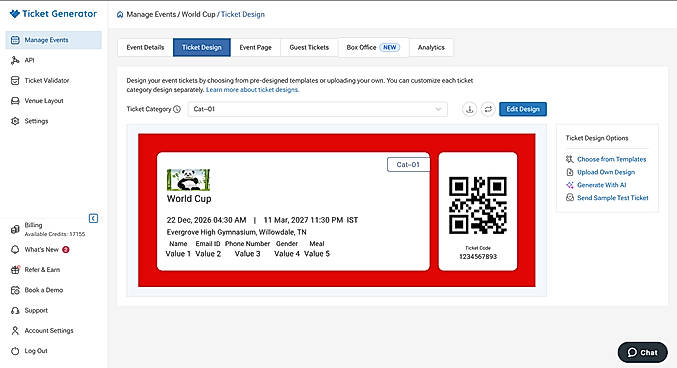 Design branded QR tickets per category: pick a template, upload your own, or generate one with AI.