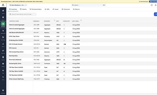 SiteSetu inventory and materials tracking