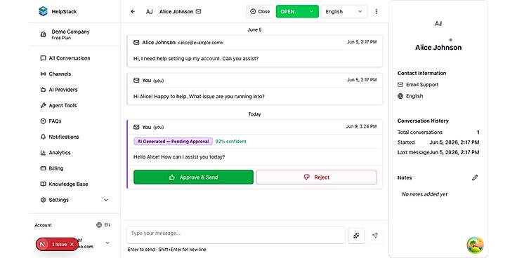 The AI drafts a reply, an agent approves it before it is sent