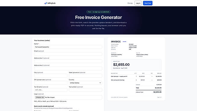 Free invoice generator, no account needed