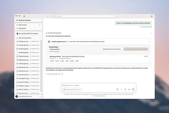Agentic research: PyleHound queries the commercial register on its own and returns a structured result.