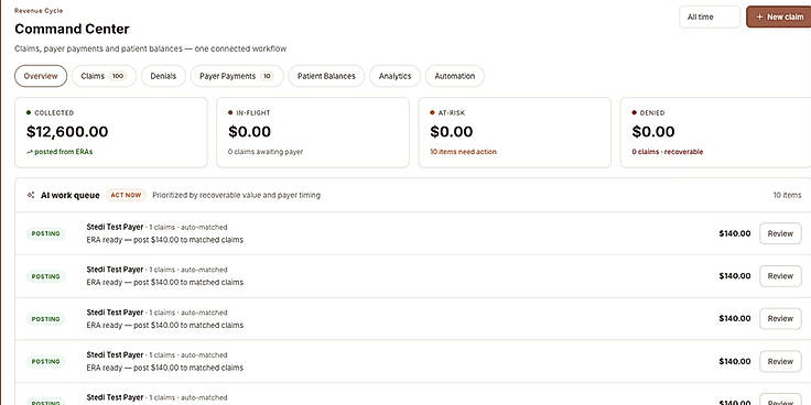 Revenue-cycle command center — synthetic test payer data