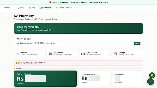 Dashboard - daily sales, stock and expiry alerts