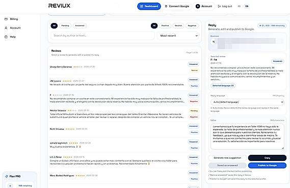 AI-Powered Review Management: Manage Google reviews and generate personalized AI responses based on each customer's feedback, language and your preferred brand tone.