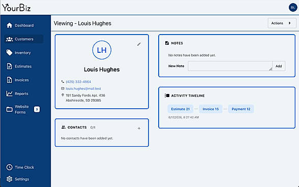 Keep customer contact information, notes, related contacts, and repair activity together in a single customer profile.