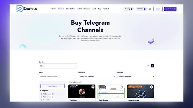 Browse bot-verified Telegram channels with real stats. Escrow-protected payments and full transfer support.