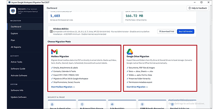 Choose the Mailbox Migration or Google Drive Migration