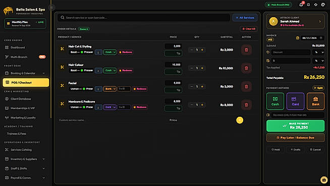 POS billing - split payments, discounts and offline mode