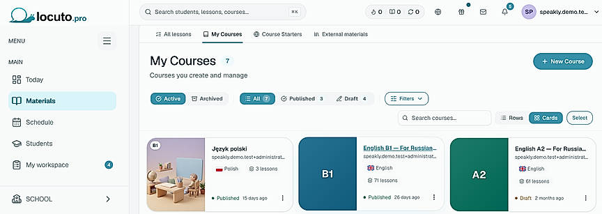 Course Management. Create, organize, publish, and manage language courses and lesson materials.