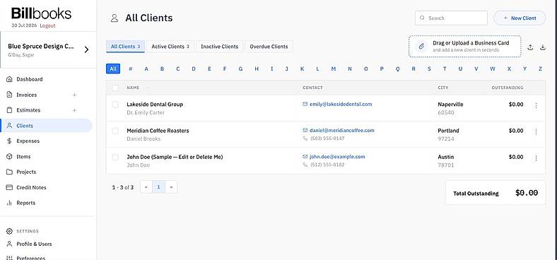 A modern client management dashboard showing client details, contact information, and outstanding balances, with a built in business card upload feature that lets you drag and drop a business card to add a new contact to your books in seconds.