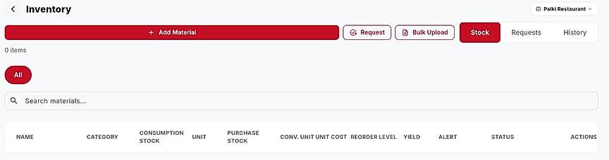 F&Bos Inventory Management screen for Palki Restaurant showing empty stock (0 items). Features "Add Material" button, filtering options (All), search bar, and tabbed navigation (Stock, Requests, History). Table columns display material details: name, category, stock levels, units, costs.