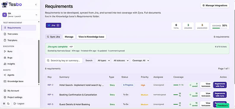 Requirement Import: Connect Tesbo to Jira or Linear and your requirements flow automatically in stories, acceptance criteria, and all. No copy-pasting, no reformatting. The moment a ticket lands in Tesbo, the engine can write against it. What your team wrote once becomes test coverage without typing it twice.