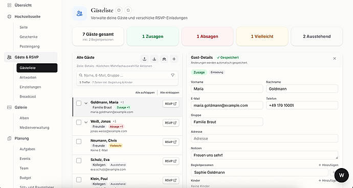 Guest list and online RSVPs (German interface)