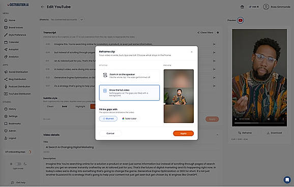 Distribution.ai's clip editor with reframe and subtitle tools