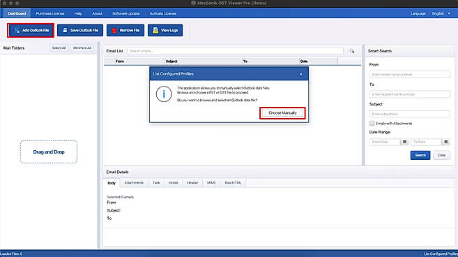 Click Add Outlook File, choose the OST file that you want to convert, and click Load.