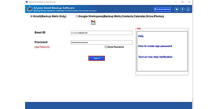 Enter your Gmail email address and app password to log in.