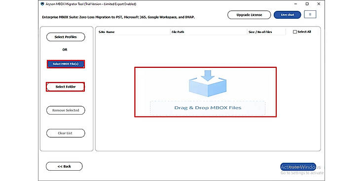 Click on the Select Profile, Select File, or Select Folder button to add MBOX files.