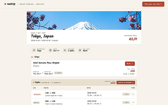 Finished trip plan with flights and stays