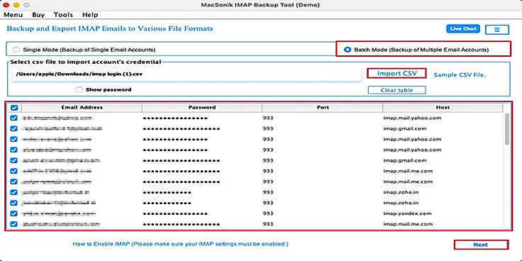 Click Import CSV to upload the Email ID, password, port, and host details,