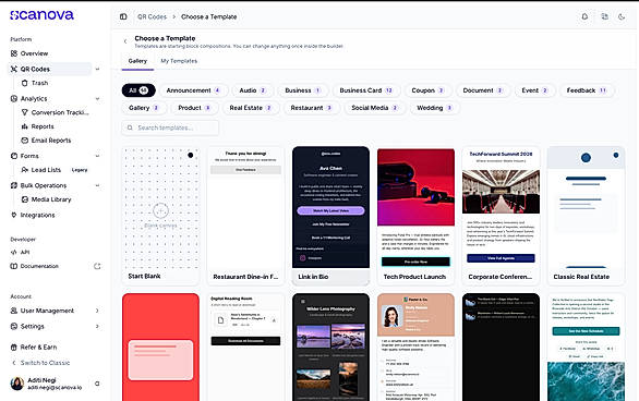 Choose from 50+ ready-made templates to build a landing page for your QR Code.