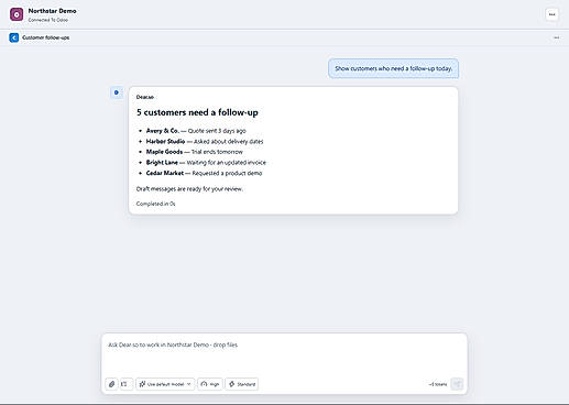 Customer follow-ups — fictional demo data