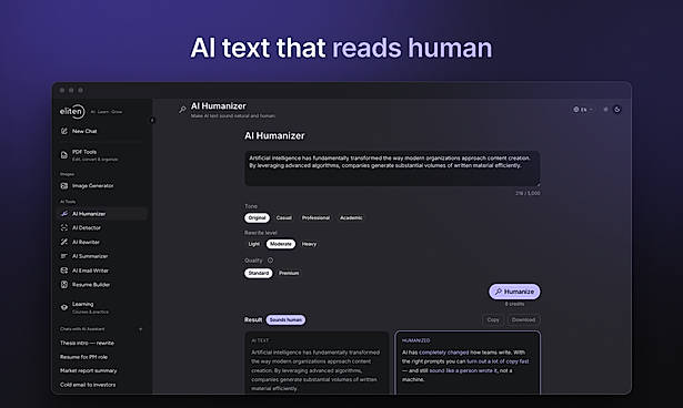 Eliten AI Humanizer interface showing tone and rewrite level controls, with a side-by-side comparison of original AI-generated text and humanized output