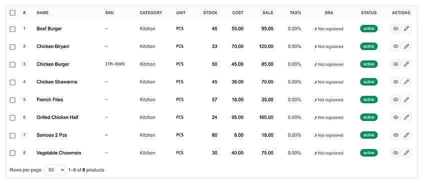 Stock list: each item reduced by exactly what was sold