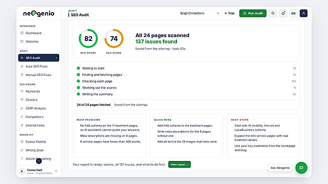 Audit report: Get your SEO and GEO AI audit report for the website, with findings split into main problems, quick wins, and next steps. One-click auto-fix automation and many more improvement suggestions that you can apply to improve your score.