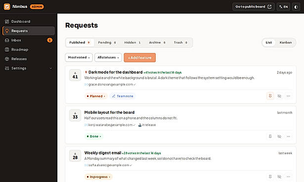 Admin: moderate requests in list or kanban view