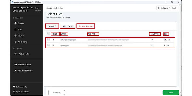 Select the PST Migration card & load the required PST files via "Select Files or Folder."