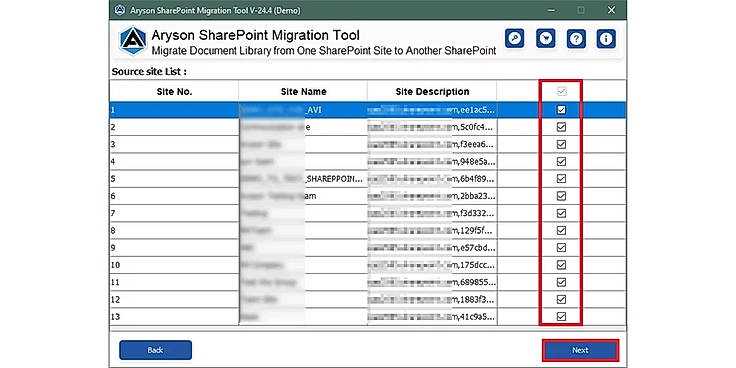 Select the Desired SharePoint Site from the Site list and click on the Next button.