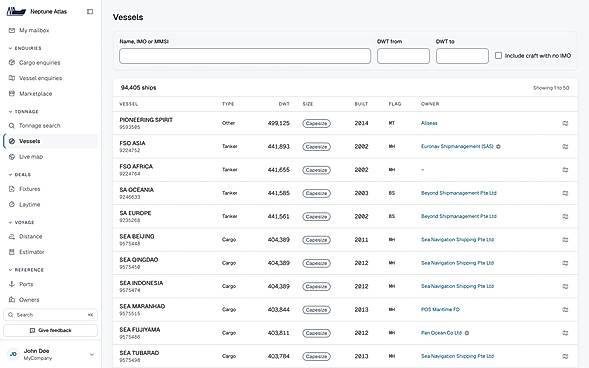 Neptune Atlas vessel register / vessel search screen