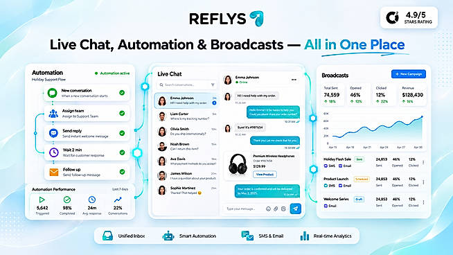 Reflys live chat, automation and broadcasts view