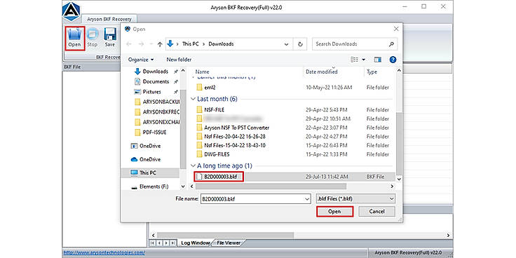 Click Open and add the BKF file.