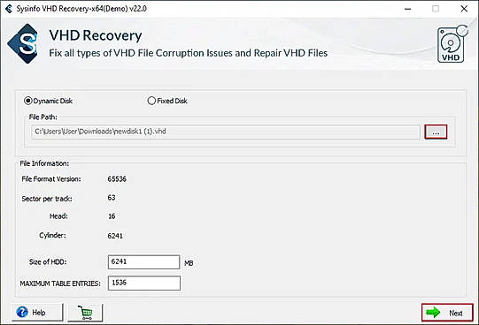 Add a corrupt VHD file and preview file information.