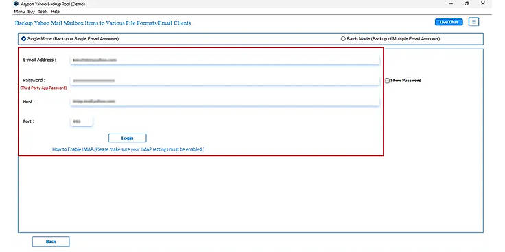 Select single or batch mode and log in to IMAP via its credentials.
