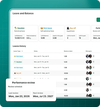People Management For HR & operations Manage employees, roles, and leave policies without spreadsheets, manual approvals, or a second system to keep in sync